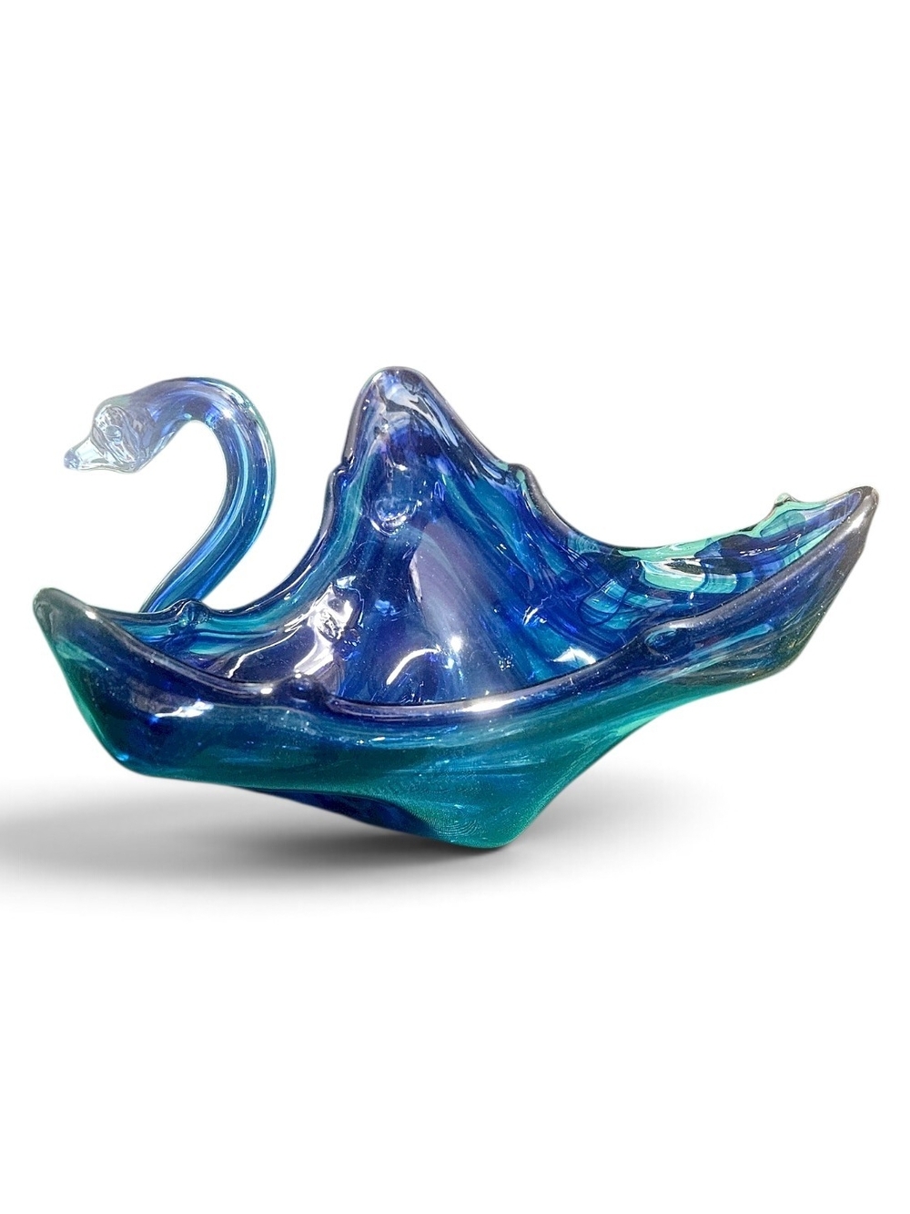 Vintage Mid Century Sooner Style Art Glass Swan Bowl Blue Aqua Swirl MCM